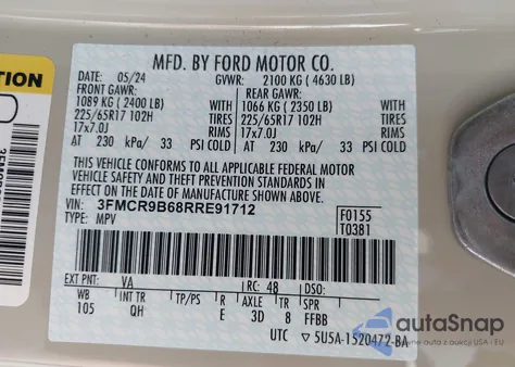 2024 Ford Bronco Sport Big Bend из США, поврежденный, VIN 3FMCR9B68RRE91712